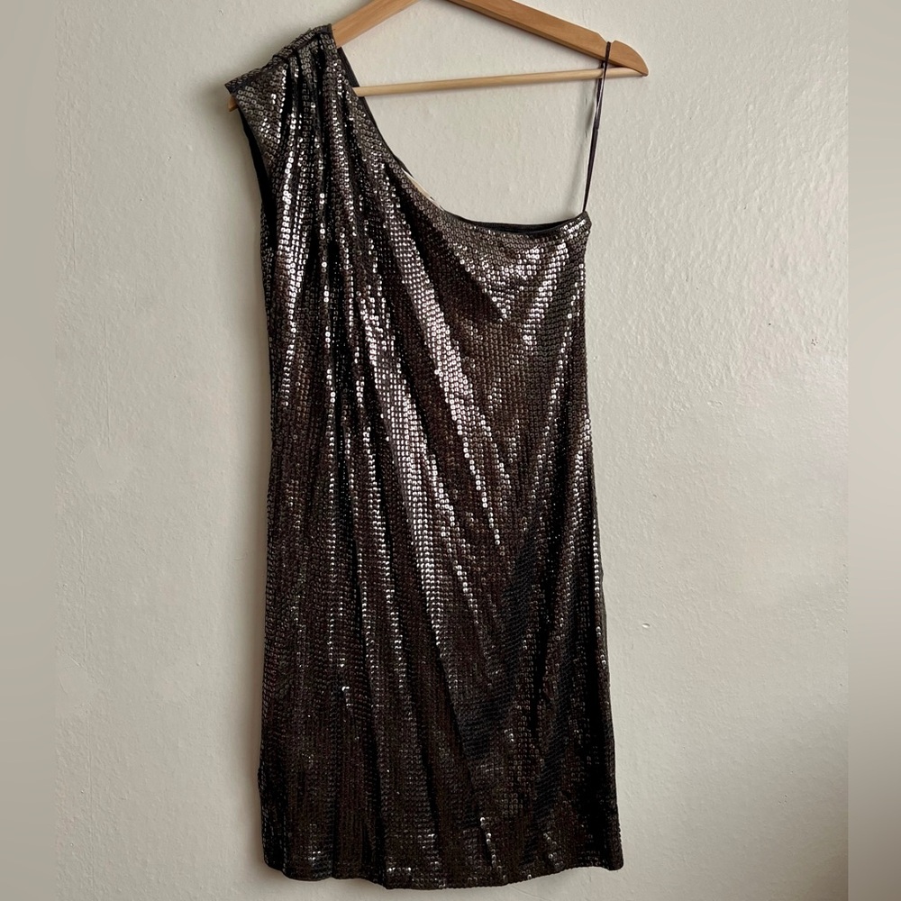Michael Kors One-Shoulder Gunmetal Sequin Dress